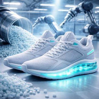 Calçado esportivo com solado de poliuretano em ambiente industrial representando inovação no setor calçadista