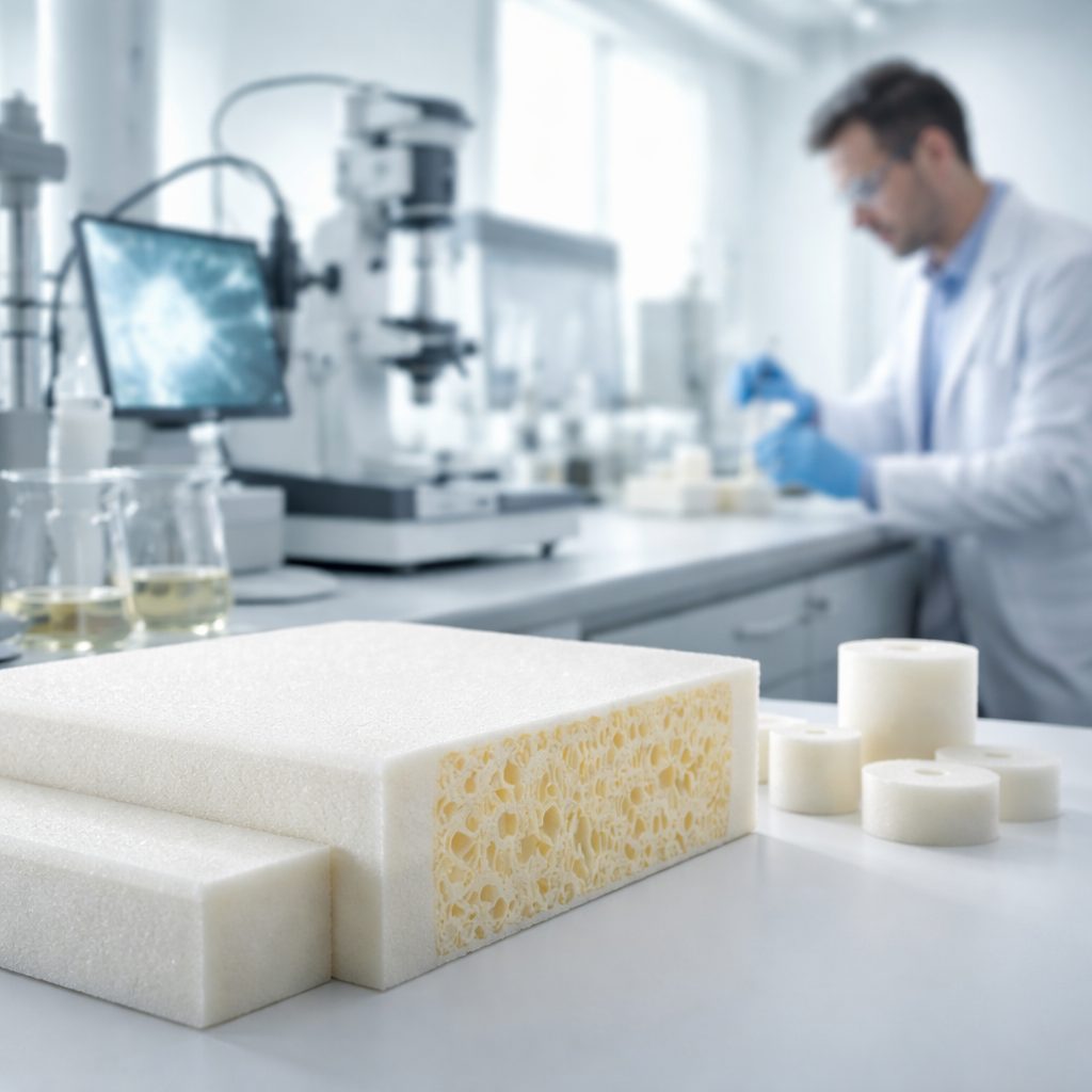 Análise de material poliuretano em laboratório industrial com foco em estrutura e desempenho técnico