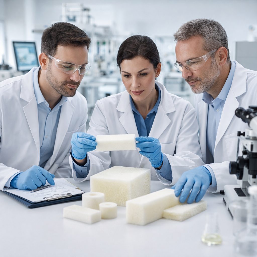 Equipe de pesquisa e desenvolvimento analisando amostras de poliuretano em ambiente laboratorial industrial