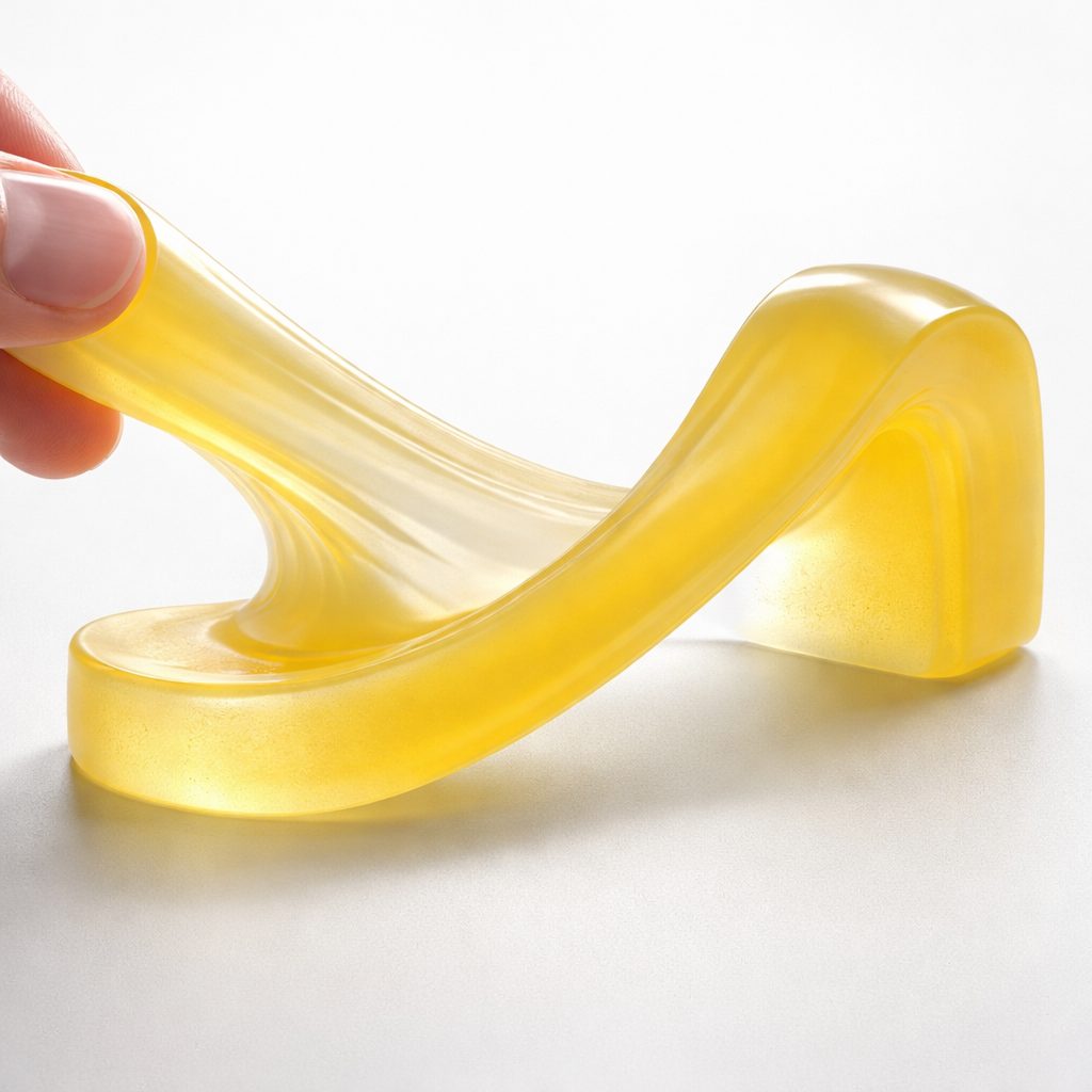 Elastômero de poliuretano sendo deformado e retornando à forma original demonstrando alta elasticidade e desempenho industrial