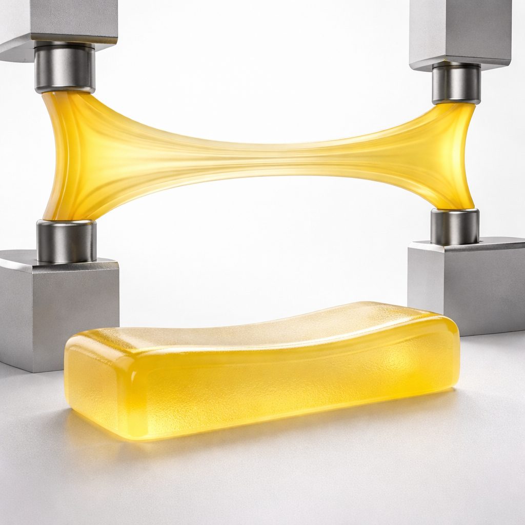 Teste de deformação de elastômero de poliuretano em equipamento industrial evidenciando resistência e flexibilidade do material