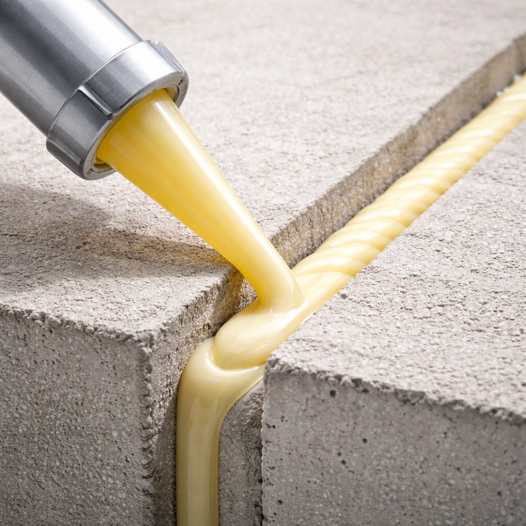 Aplicação de selante elastomérico de poliuretano em junta de concreto para vedação e durabilidade estrutural