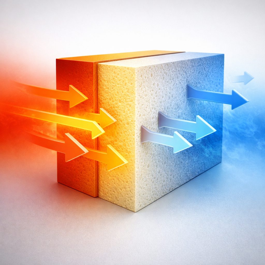 Representação da condutividade térmica mostrando fluxo de calor atravessando material isolante com gradiente de temperatura