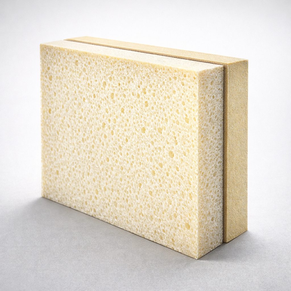 Painel de espuma rígida de poliuretano em corte evidenciando estrutura celular e alto desempenho térmico