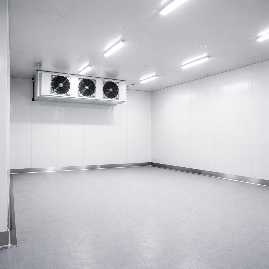 Câmara fria industrial com isolamento em poliuretano garantindo controle térmico e eficiência energética