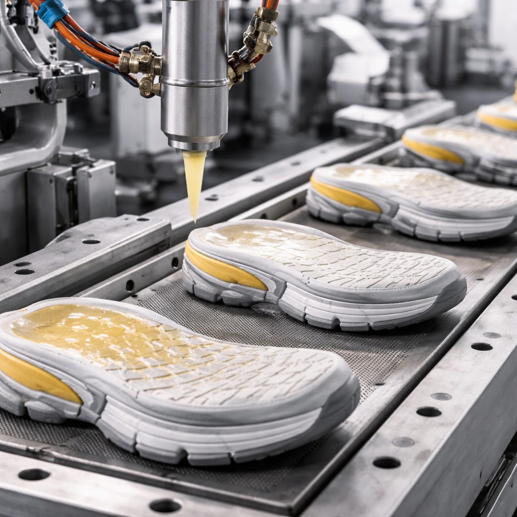 Linha de produção industrial de solados em poliuretano com processo automatizado e alta eficiência