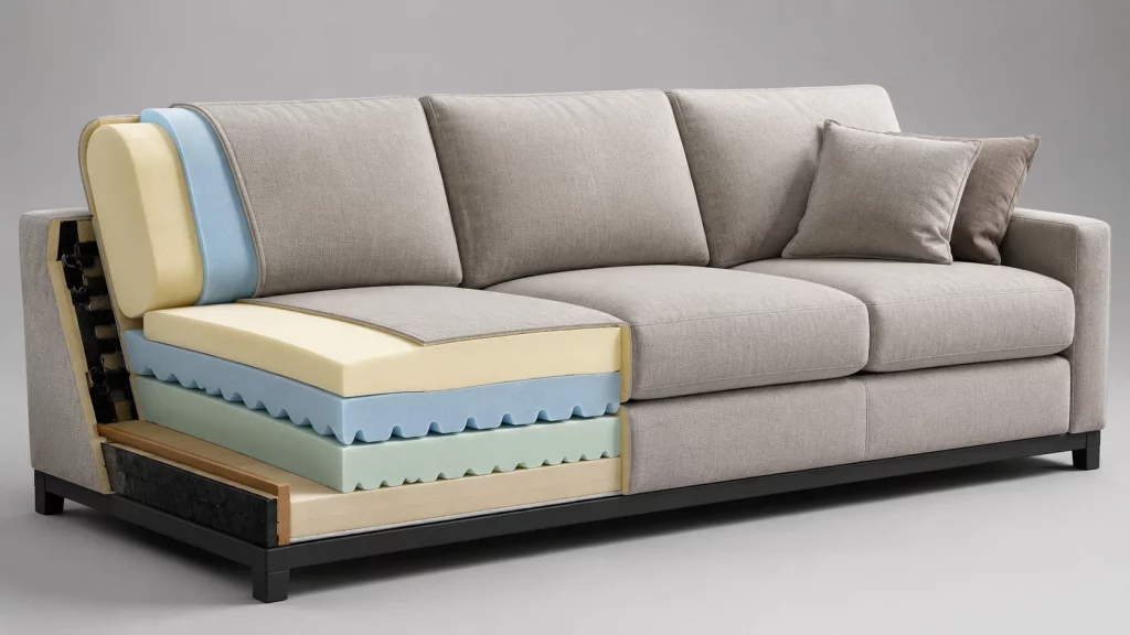 Camadas de espuma para estofado com estrutura flexível aplicada em assento de sofá