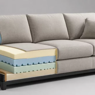 Camadas de espuma para estofado com estrutura flexível aplicada em assento de sofá