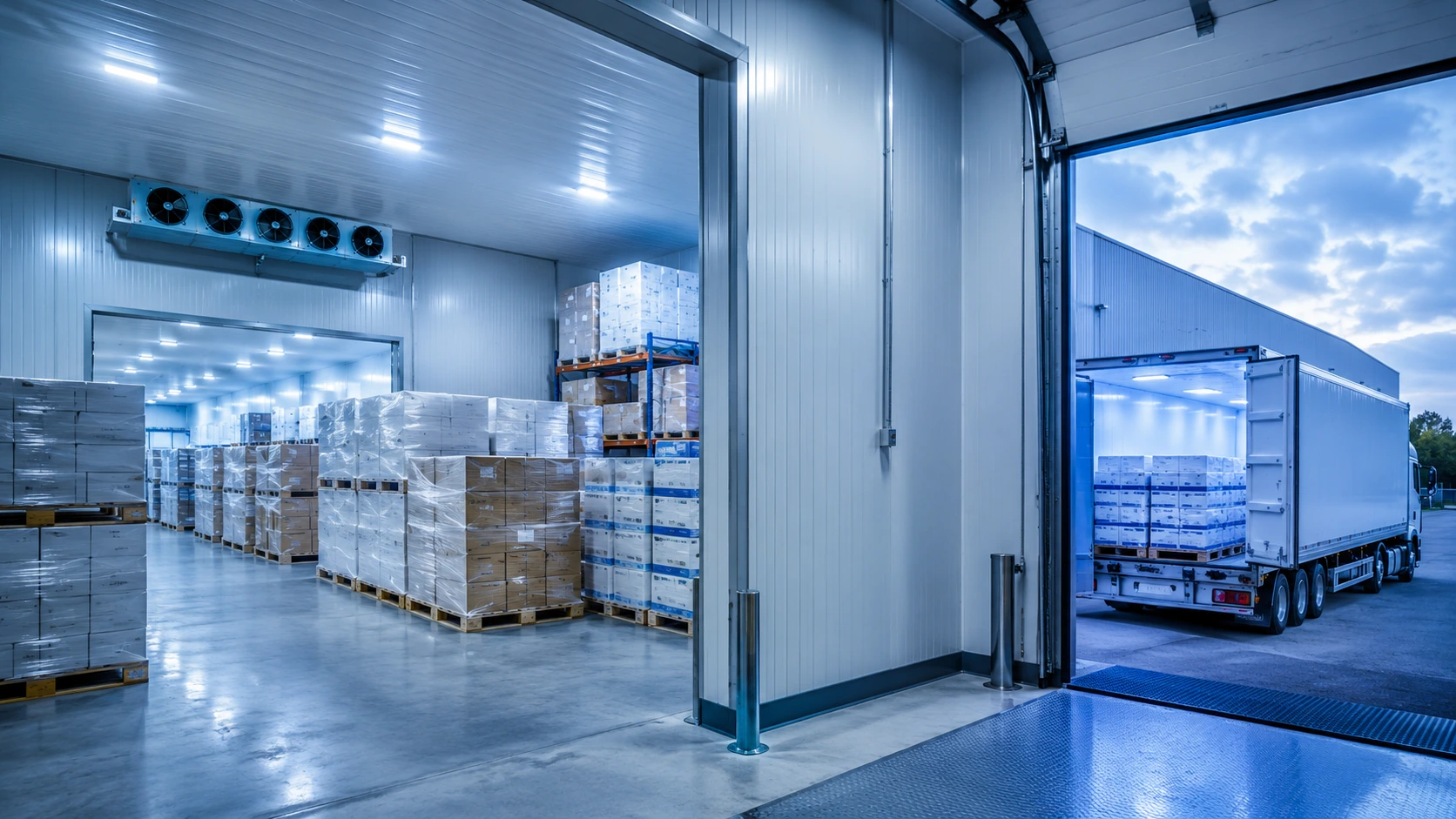 Cadeia de frio em armazém refrigerado com caminhão e produtos sensíveis à temperatura