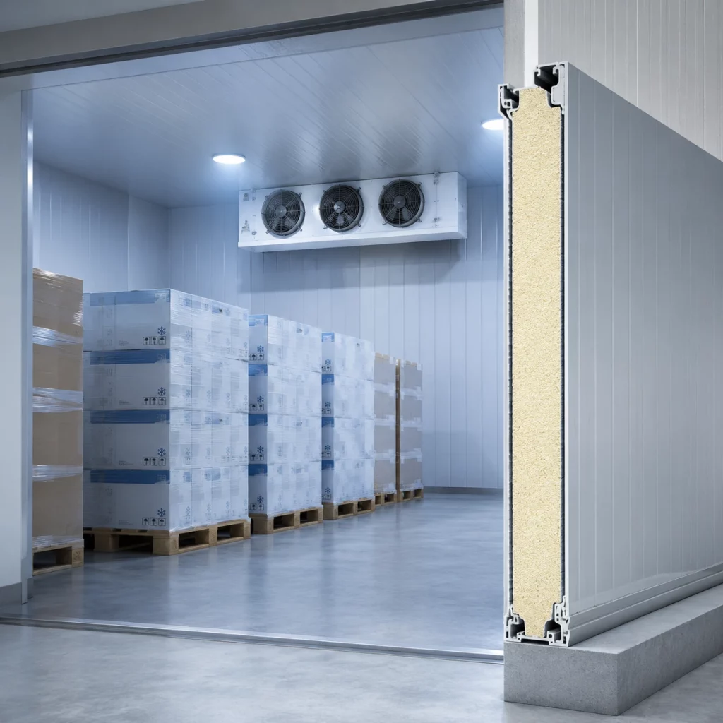 Câmara fria com parede isolada e pallets armazenados em ambiente refrigerado