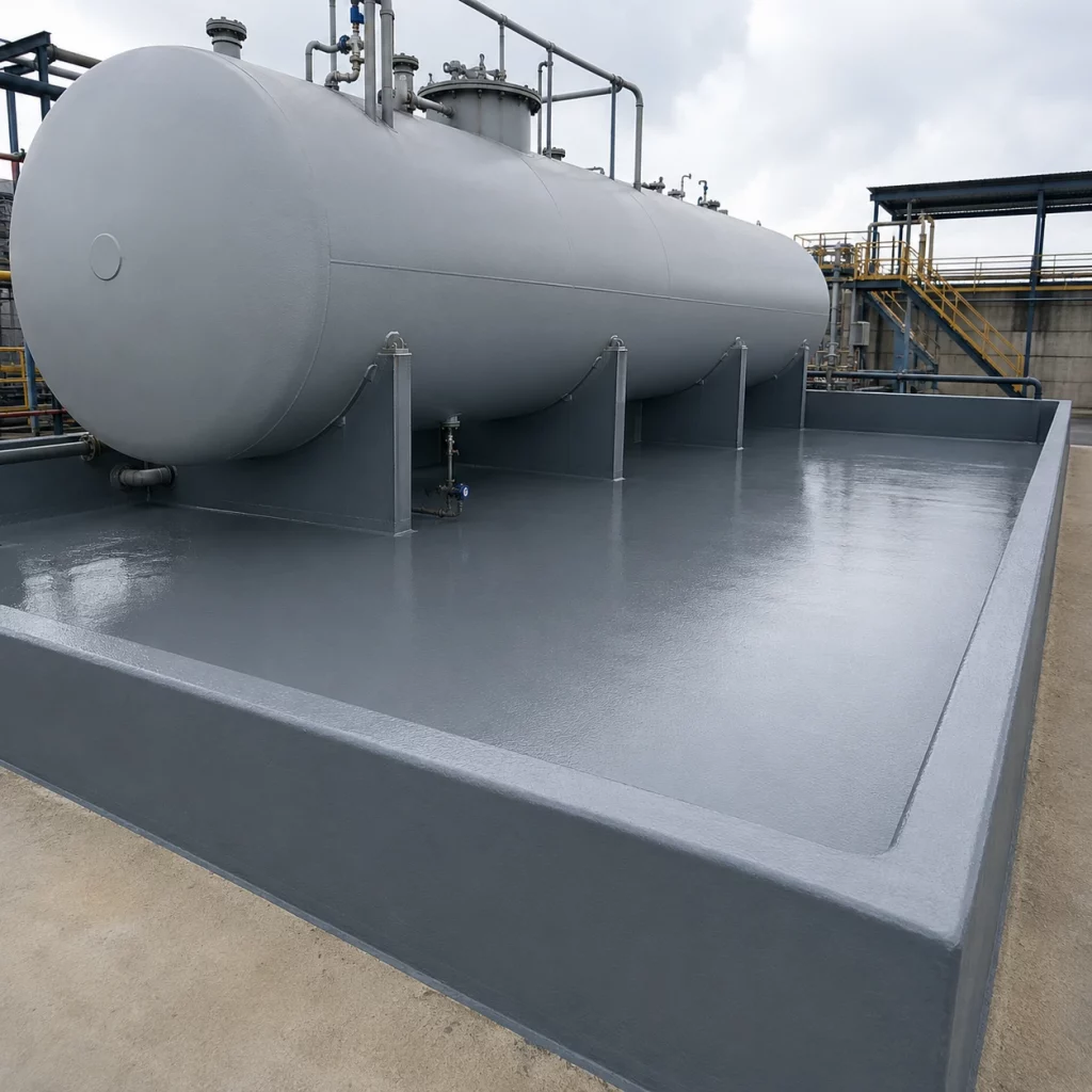 Tanque industrial com área de contenção revestida para proteção e impermeabilização com poliureia