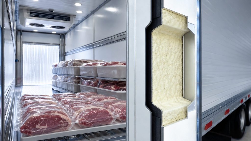 Carroceria refrigerada para carnes com núcleo de poliuretano rígido para isolamento térmico