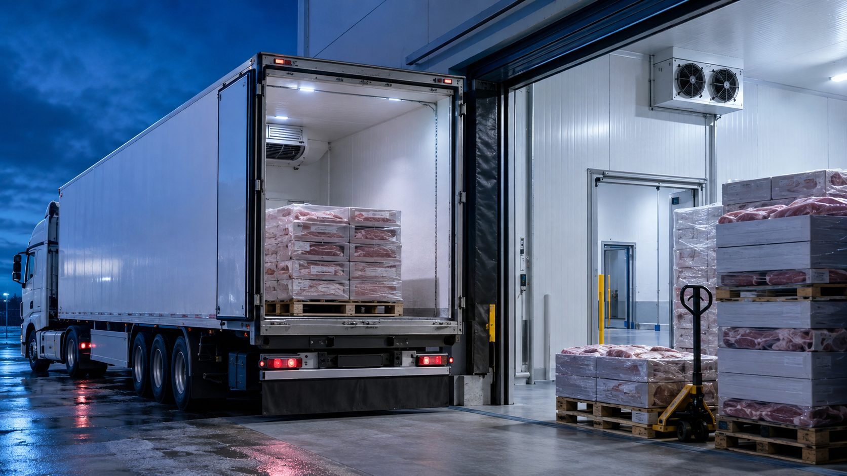 Caminhão refrigerado para transporte de carnes em doca de câmara fria