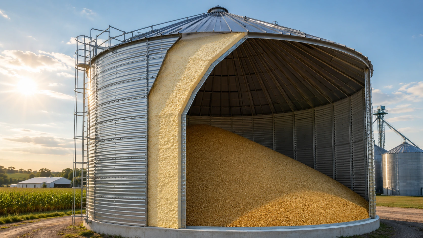 Silo agrícola com camada de PU rígido em spray aplicada para isolamento térmico da estrutura